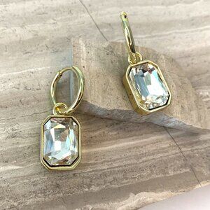 NEW~ Anthropologie Clear Baguette Crystal Charm Gold Huggie Hoop Earrings